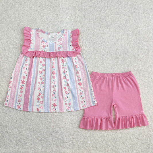 GSSO2012 Flowers Tunic Top Pink Shorts Girls Summer Clothes Set