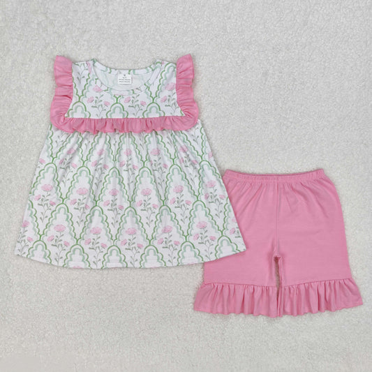 GSSO2013  Flowers Tunic Top Pink Shorts Girls Summer Clothes Set