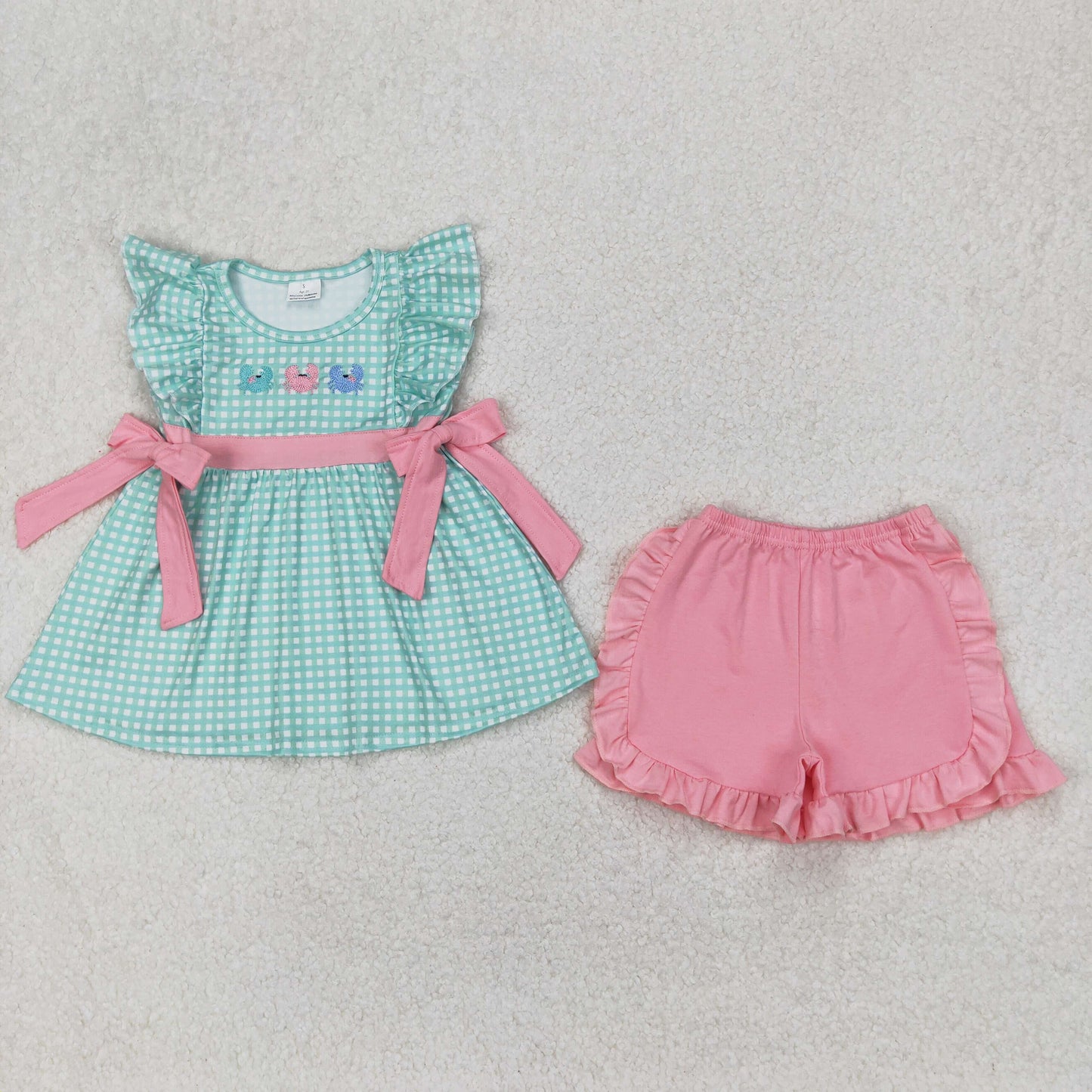 GSSO2017  Crab Embroidery Plaid Tunic Top Pink Shorts Girls Summer Clothes Set