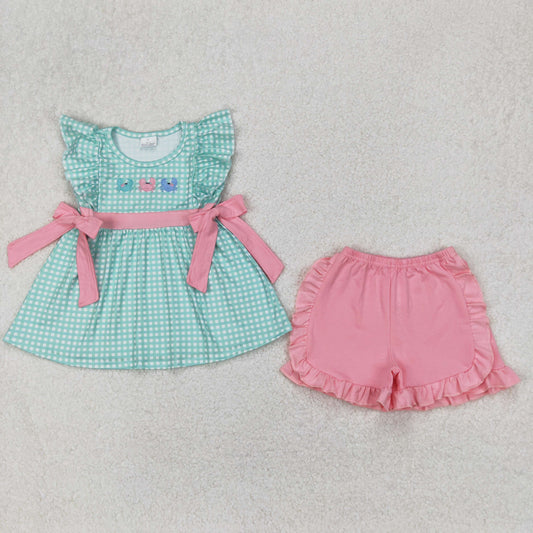 GSSO2017  Crab Embroidery Plaid Tunic Top Pink Shorts Girls Summer Clothes Set