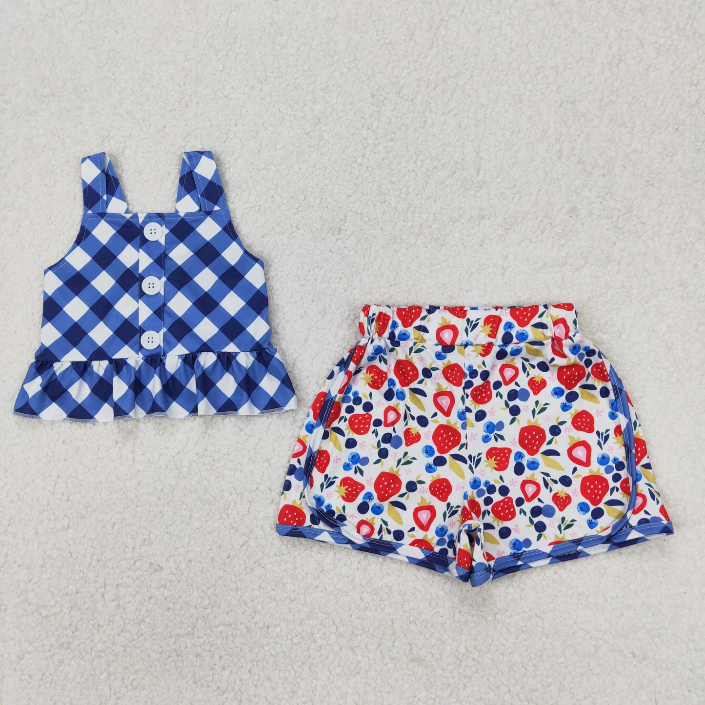 GSSO2025  Blue Plaid Top Strawberry Shorts Girls Summer Clothes Set