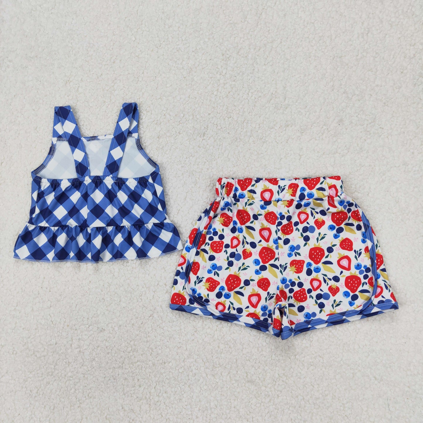 GSSO2025  Blue Plaid Top Strawberry Shorts Girls Summer Clothes Set