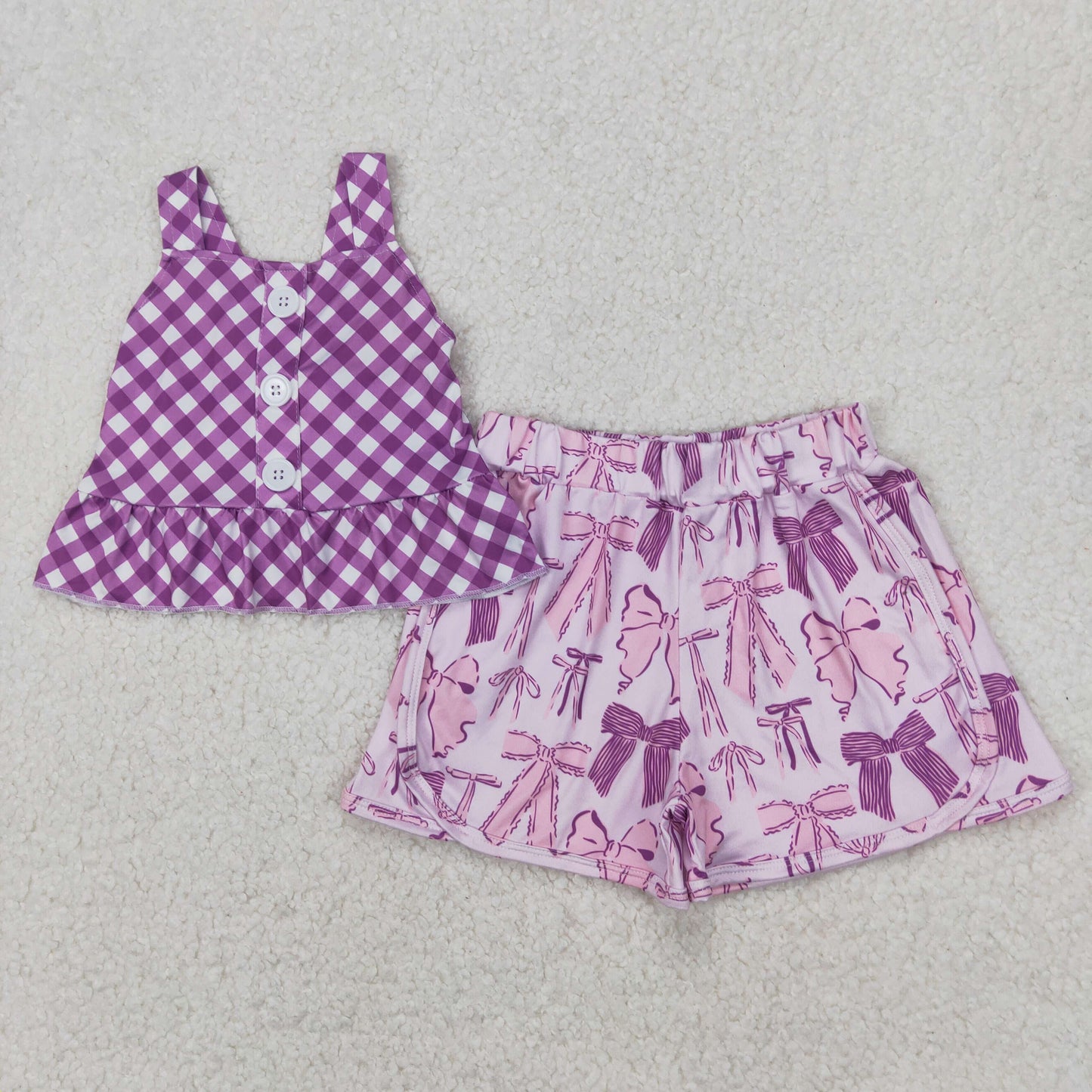 GSSO2035  Purple Plaid Top Bows Shorts Girls Summer Clothes Set