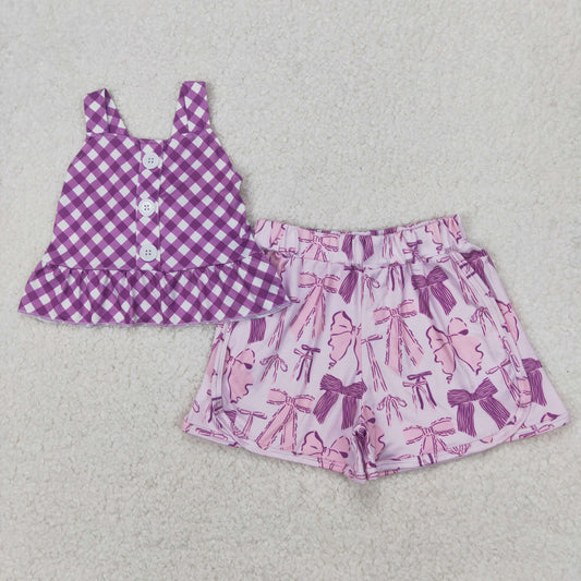 GSSO2035  Purple Plaid Top Bows Shorts Girls Summer Clothes Set