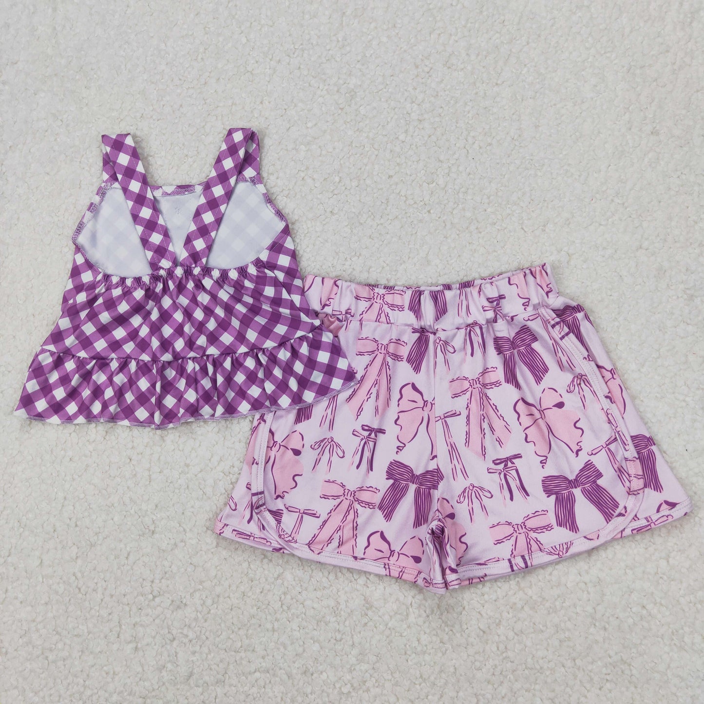 GSSO2035  Purple Plaid Top Bows Shorts Girls Summer Clothes Set