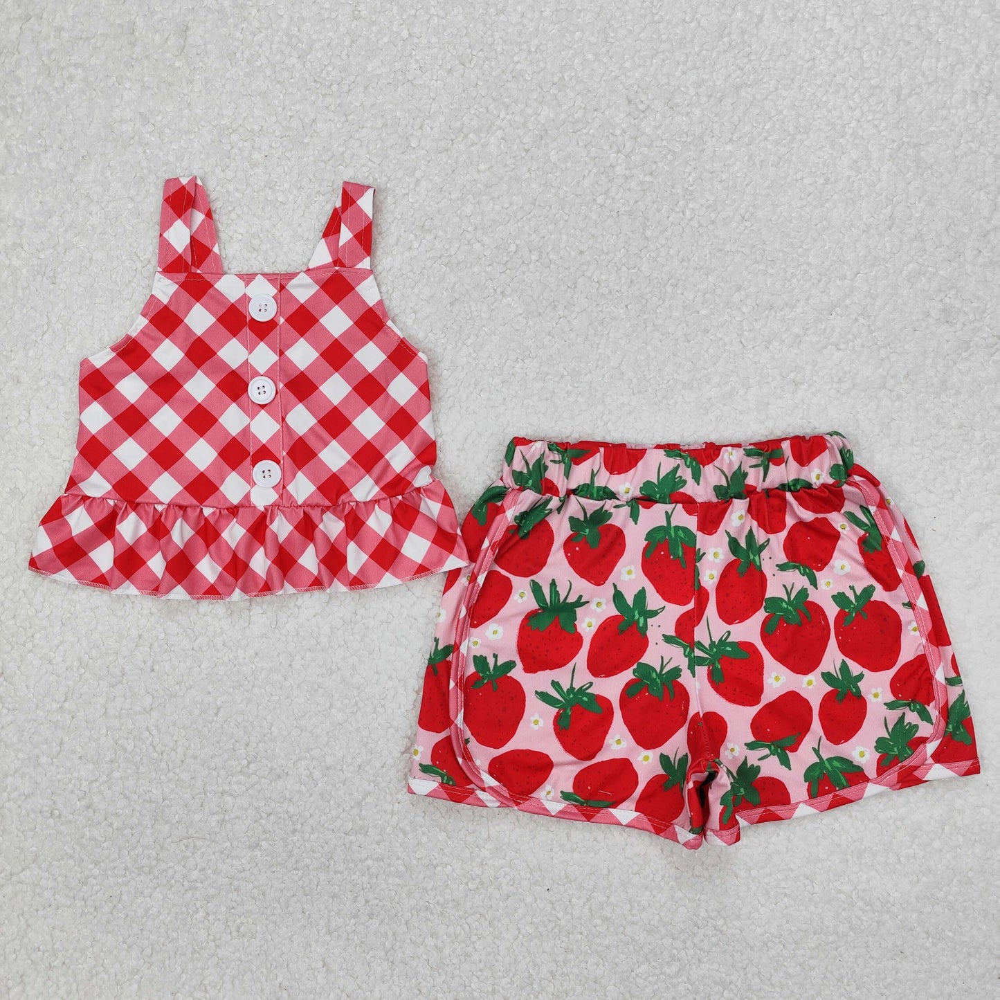 GSSO2037  Red Plaid Top Strawberry Shorts Girls Summer Clothes Set