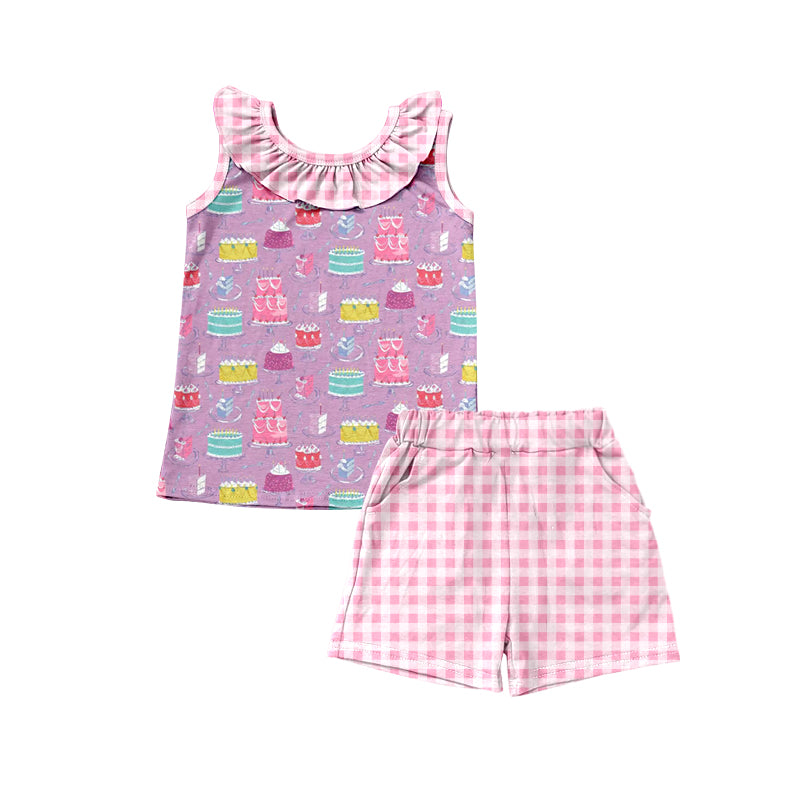 (Pre-order)GSSO2040 Colorful Cake Top Plaid Shorts Girls Happy Birthday Summer Clothes Set