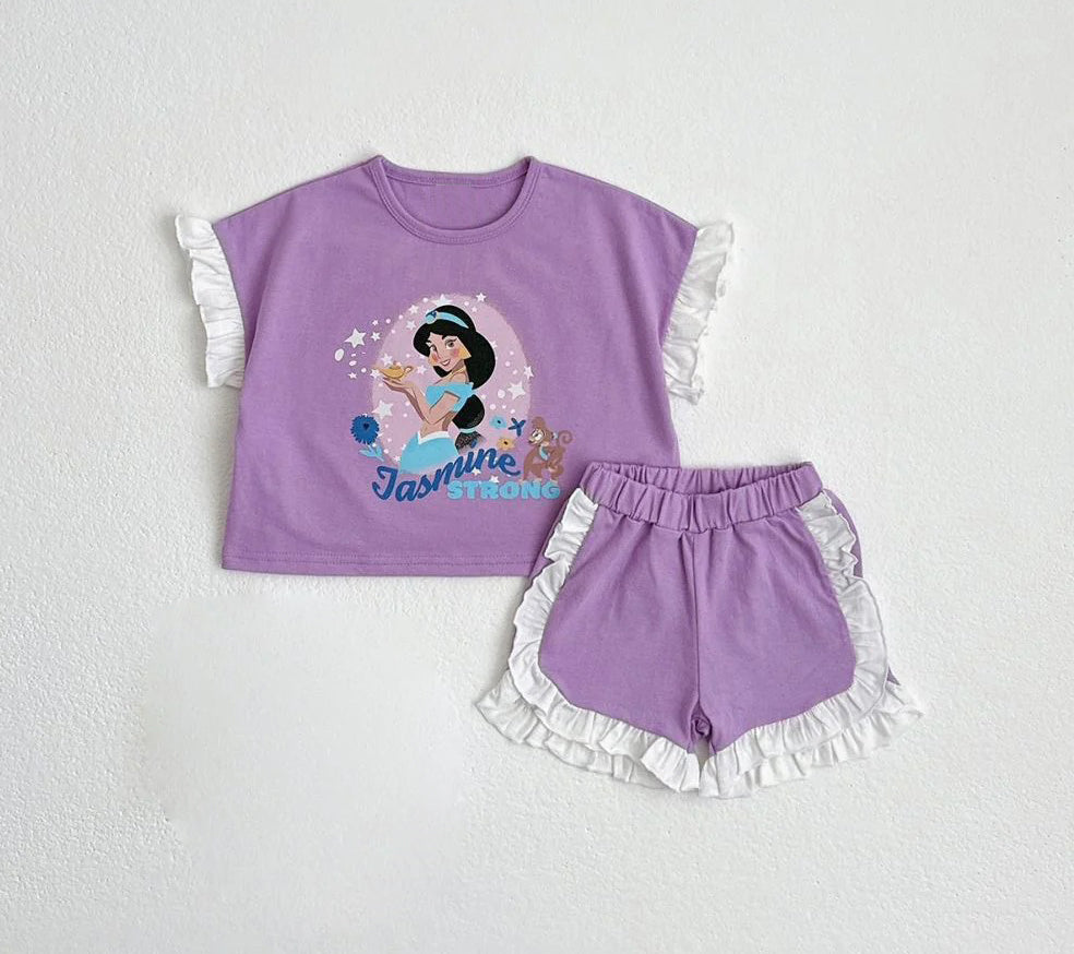 (Pre-order)GSSO2043 Cartoon Princess Purple Top Ruffle Shorts Girls Summer Clothes Set