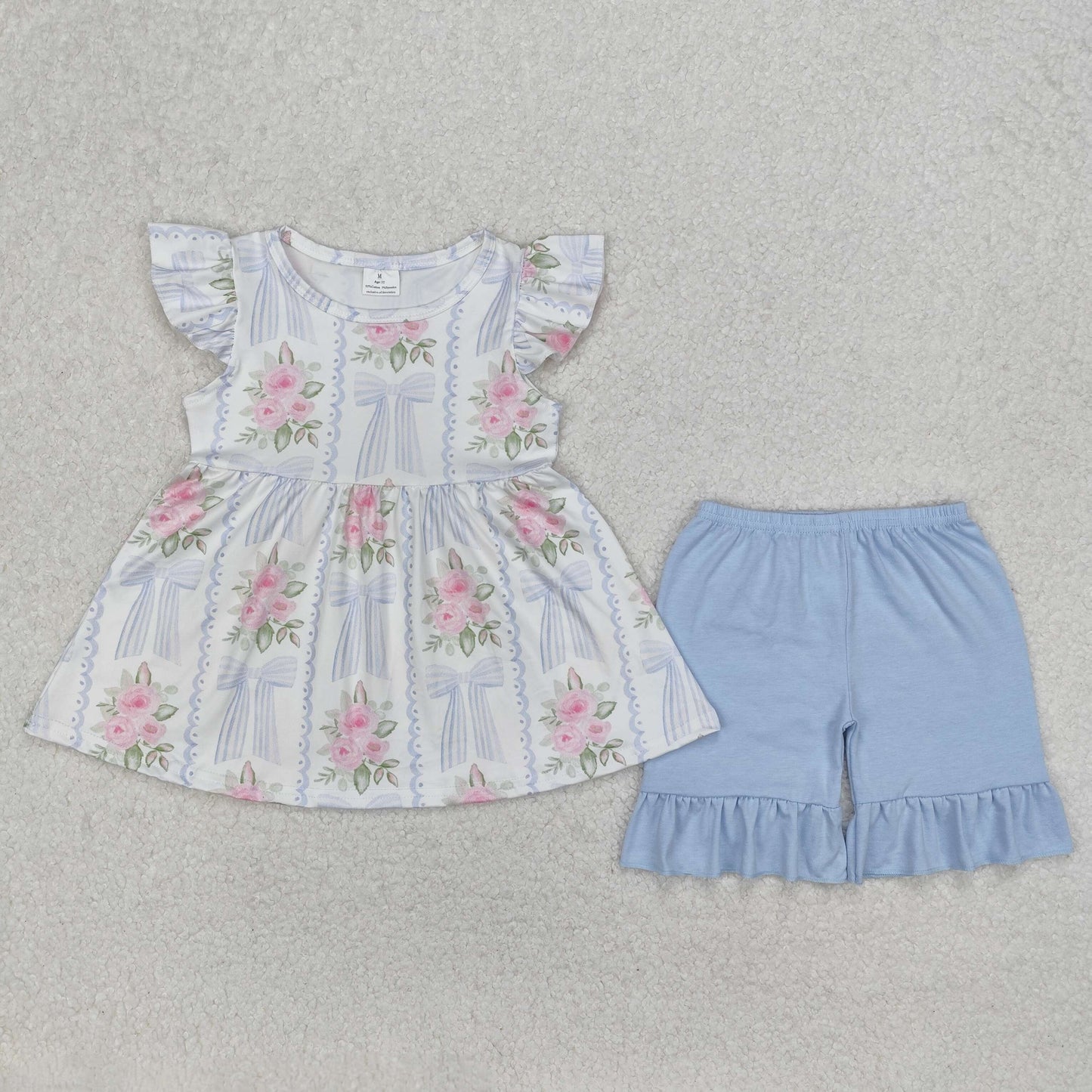 GSSO2052 Flowers Bows Tunic Top Blue Shorts Girls Summer Clothes Set