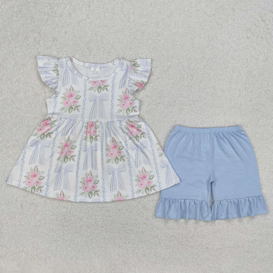 GSSO2052  Flowers Bows Tunic Top Blue Shorts Girls Summer Clothes Set