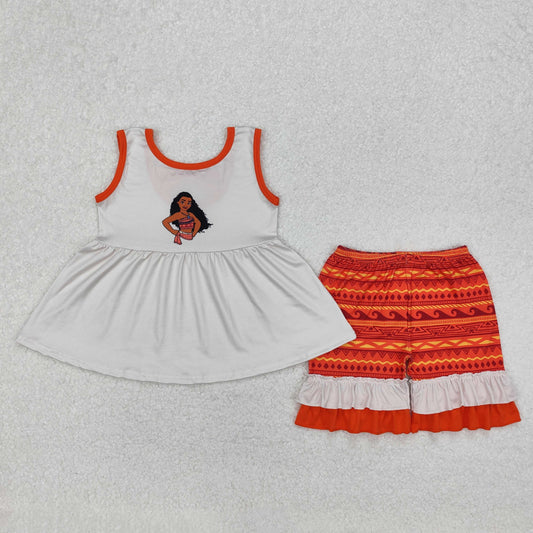 GSSO2057  Cartoon Princess Moann* Tunic Top Ruffle Shorts Girls Summer Clothes Set