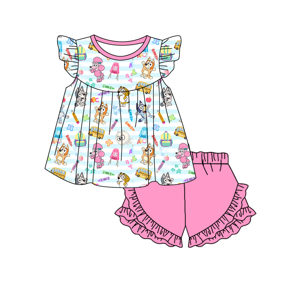 (Pre-order)GSSO2063 Cartoon Dog Pen Bus Tunic Top Pink Shorts Girls Back to School Clothes Set