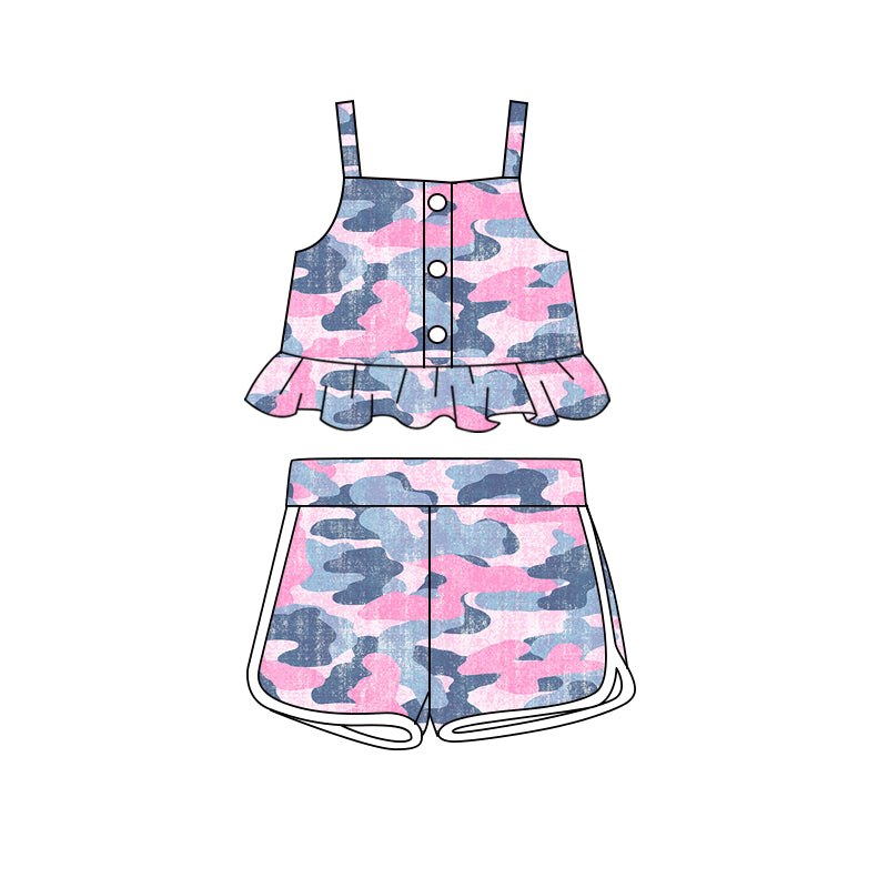 (Pre-order)GSSO2064 Pink Camo Print Vest Top Shorts Girls Summer Clothes Set