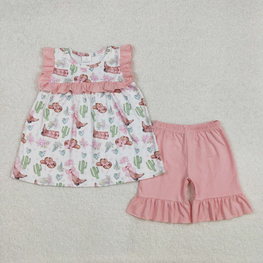 GSSO2066  Hat Boots Cactus Tunic Top Pink Shorts Girls Summer Western Clothes Set