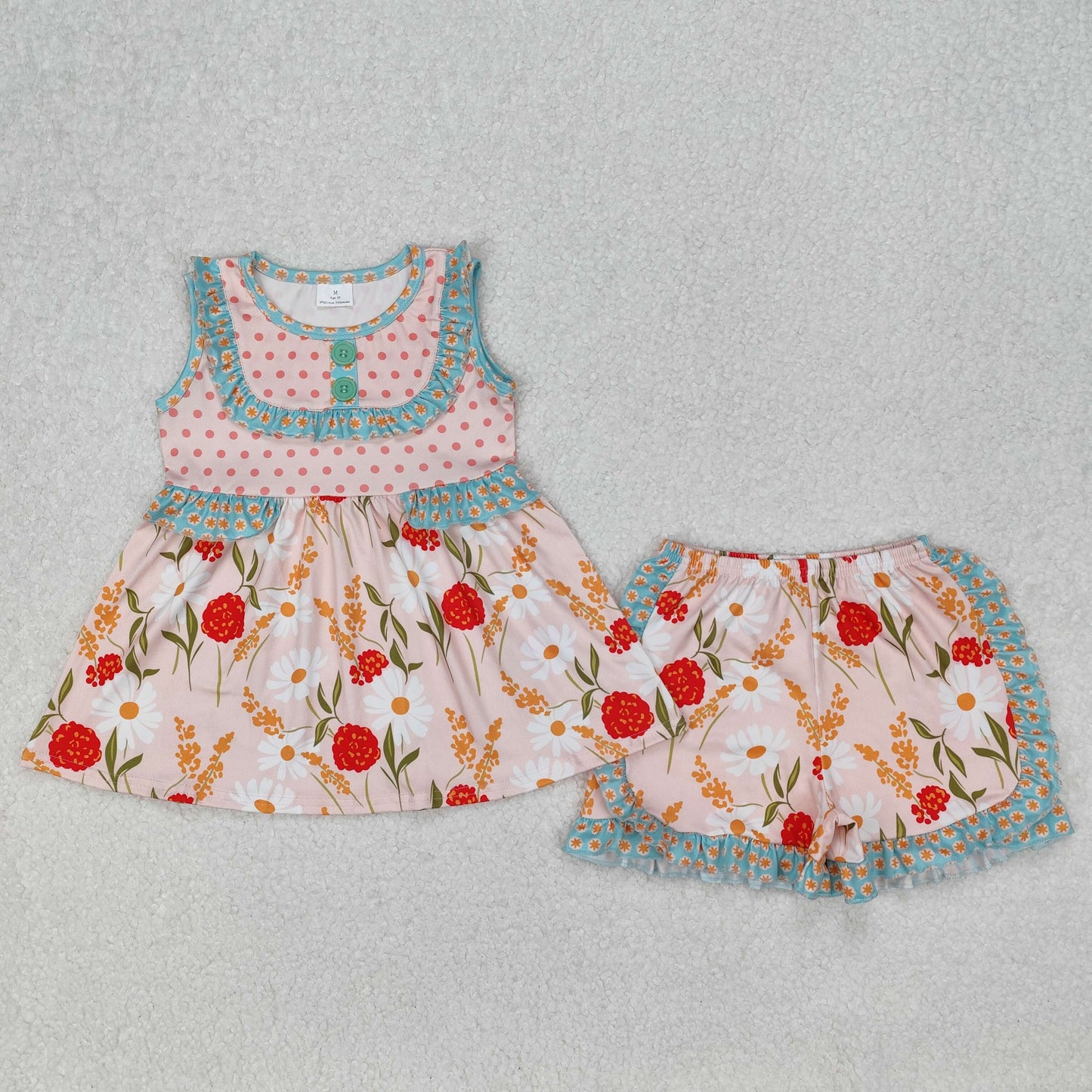 GSSO2067 Flowers Sleeveless Tunic Top Ruffle Shorts Girls Summer Clothes Set