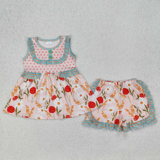 GSSO2067  Flowers Sleeveless Tunic Top Ruffle Shorts Girls Summer Clothes Set