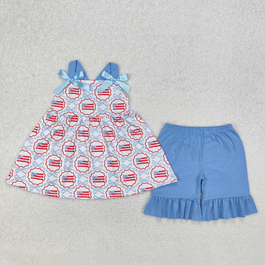 GSSO2074  Flag Bows Tunic Top Blue Shorts Girls 4th of July Clothes Set