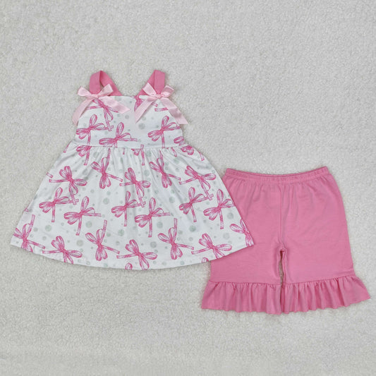 GSSO2075  Pink Bows Tunic Top Ruffle Shorts Girls Summer Clothes Set
