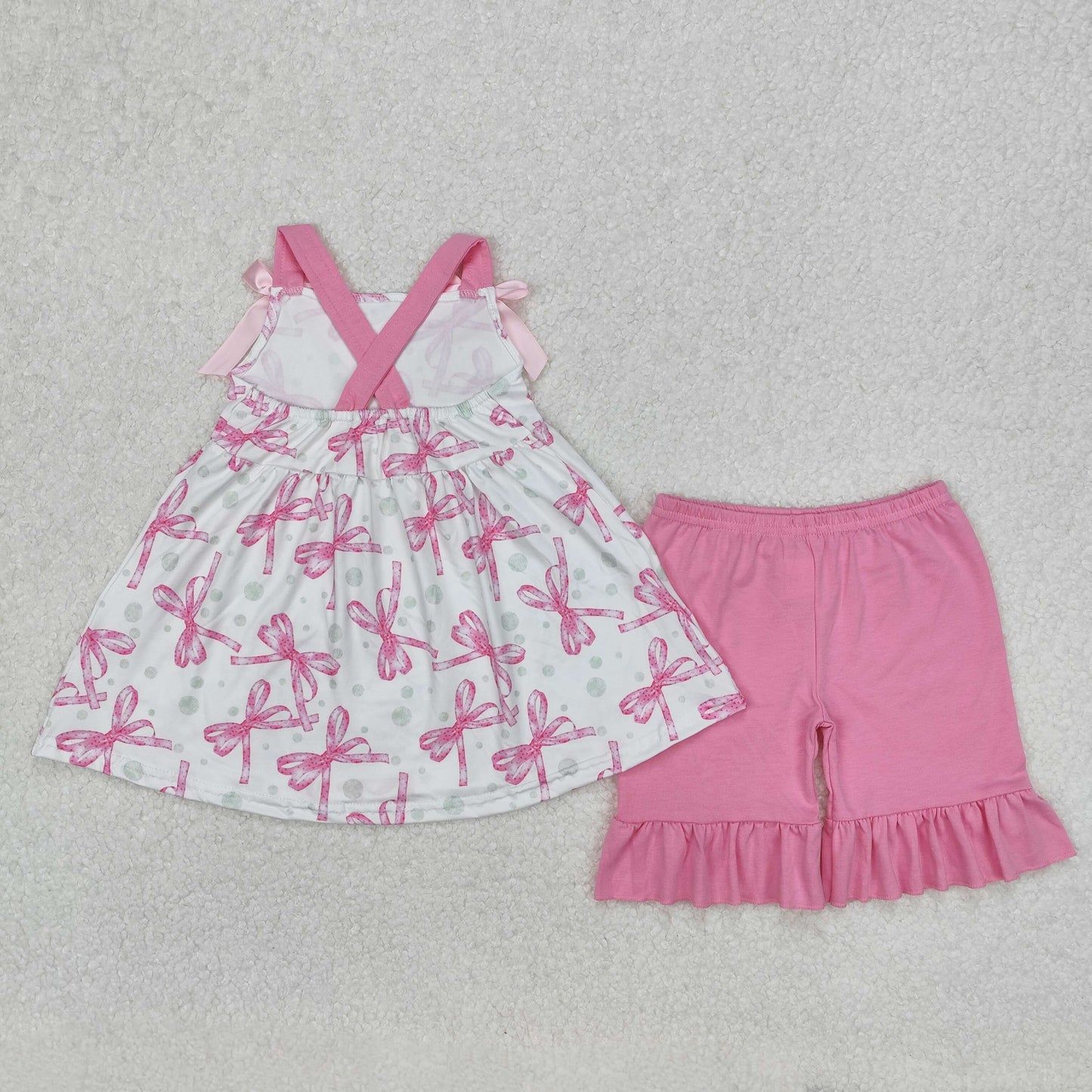 GSSO2075 Pink Bows Tunic Top Ruffle Shorts Girls Summer Clothes Set