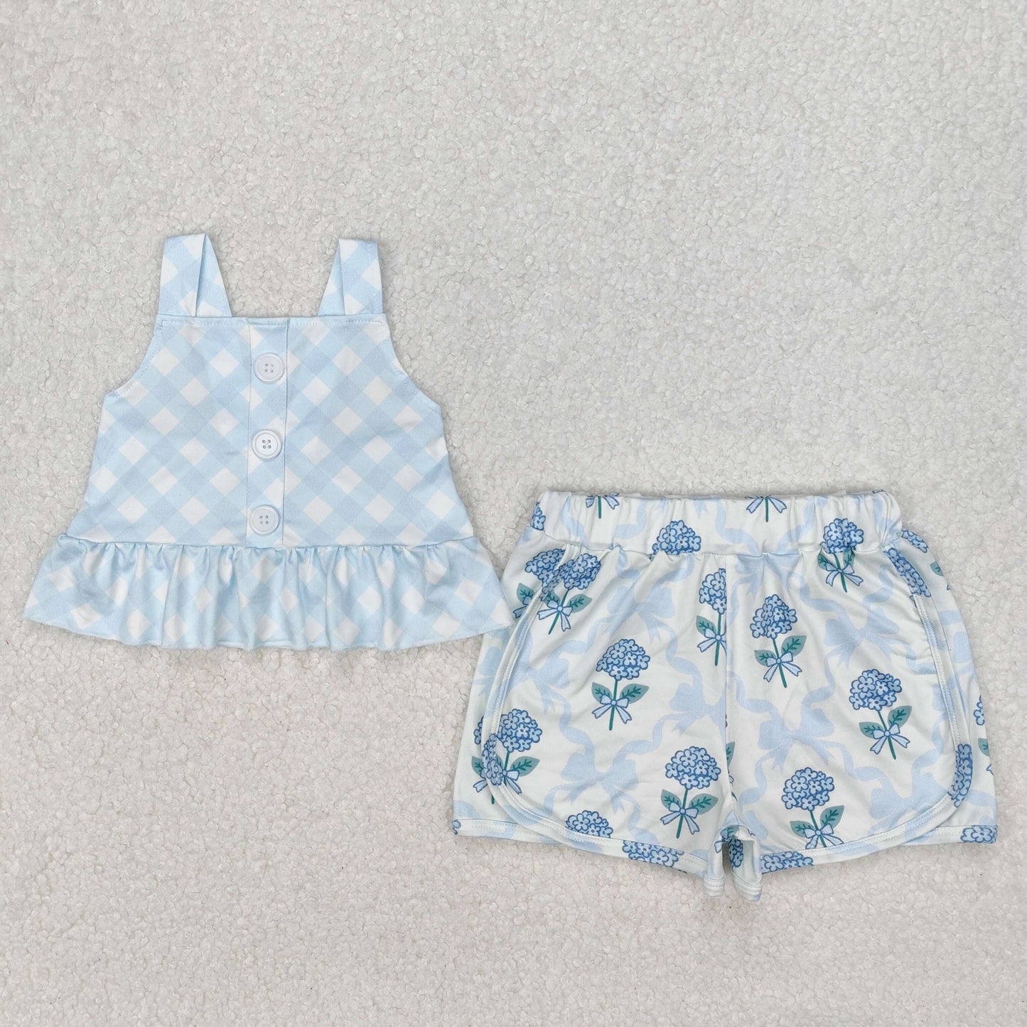 GSSO2078  Blue Plaid Top Bows Flowers Shorts Girls Summer Clothes Set