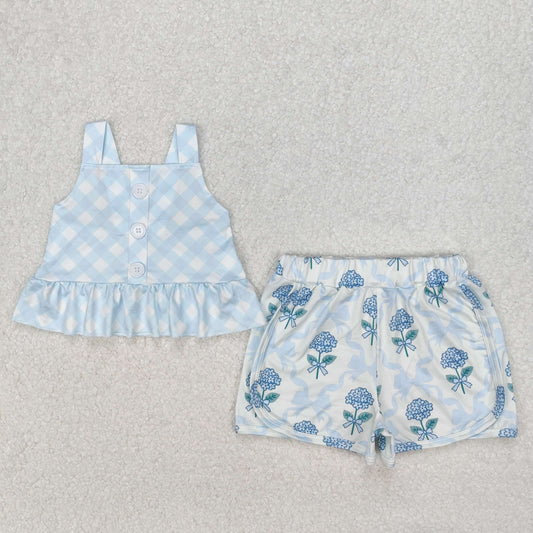 GSSO2078  Blue Plaid Top Bows Flowers Shorts Girls Summer Clothes Set