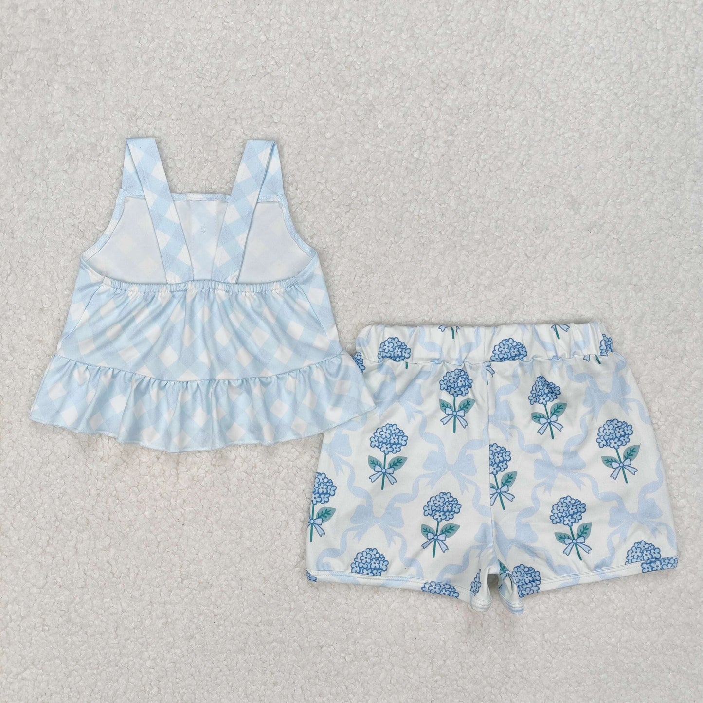 GSSO2078  Blue Plaid Top Bows Flowers Shorts Girls Summer Clothes Set