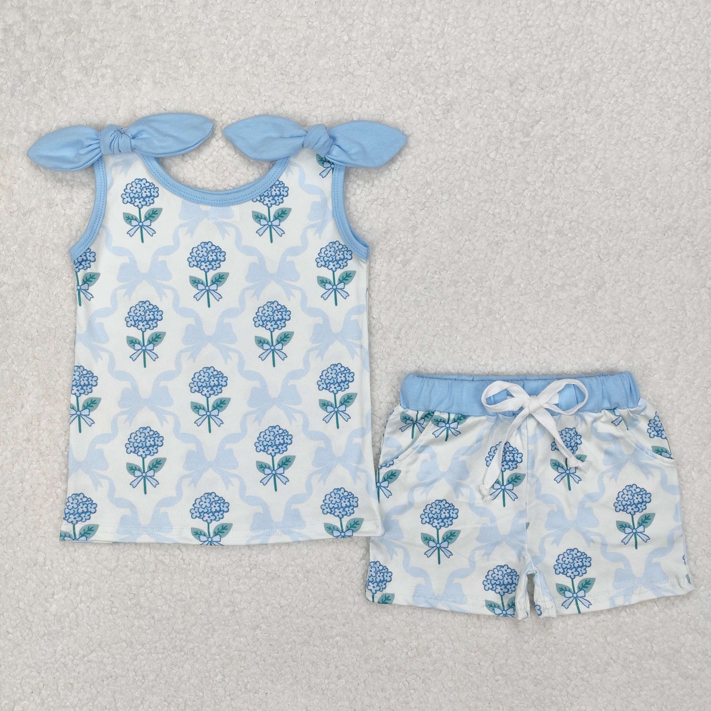 GSSO2079  Blue Bows Flowers Top Pockets Shorts Girls Summer Clothes Set