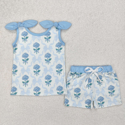 GSSO2079  Blue Bows Flowers Top Pockets Shorts Girls Summer Clothes Set