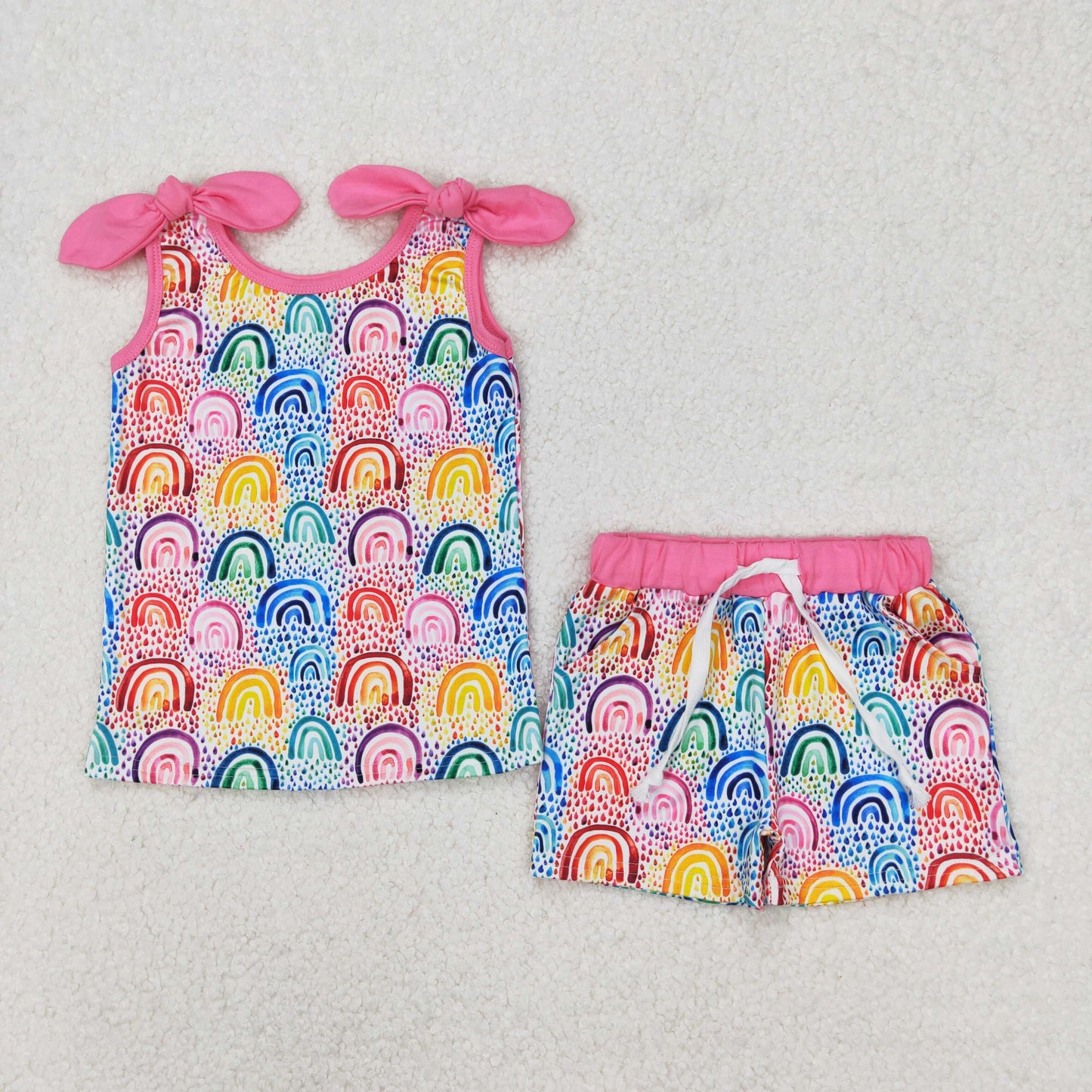 GSSO2085 Colorful Rainbow Print Pockets Shorts Girls Summer Clothes Set