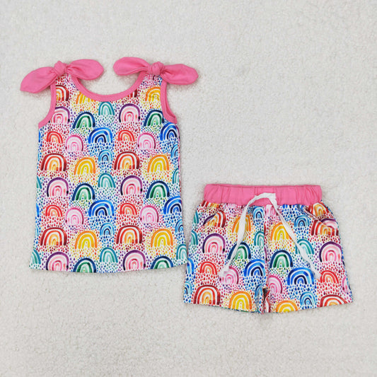 GSSO2085  Colorful Rainbow Print Pockets Shorts Girls Summer Clothes Set