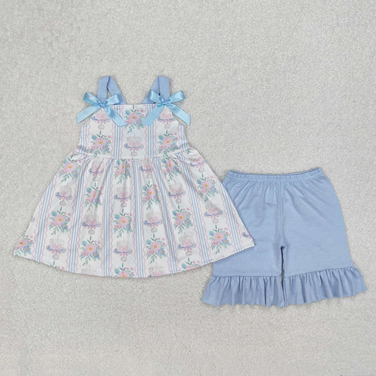 GSSO2087  Flowers Cake Tunic Top Blue Shorts Girls Summer Clothes Set