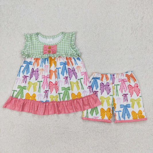 GSSO2089  Colorful Bows Tunic Top Shorts Girls Summer Clothes Set