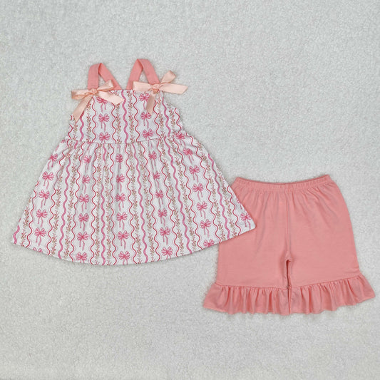 GSSO2094  Small Flowers Bows Tunic Top Pink Shorts Girls Summer Clothes Set