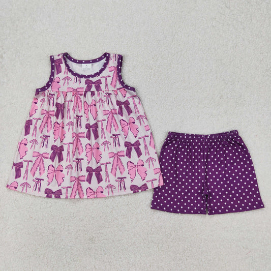GSSO2105  Purple Bows Tunic Top Dots Shorts Girls Summer Clothes Set