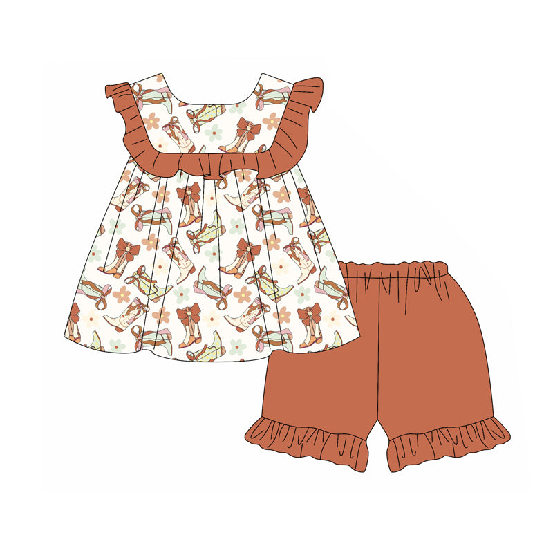 (Pre-order)GSSO2108 Boots Bows Tunic Top Brown Shorts Girls Summer Clothes Set