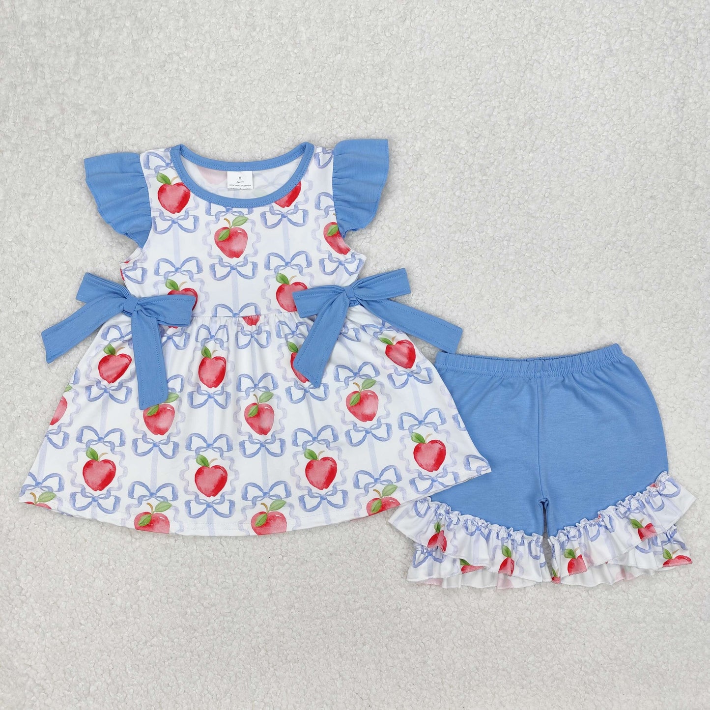 Apple Blue Bows Print Girls Back to School Clothes Sisters Wear