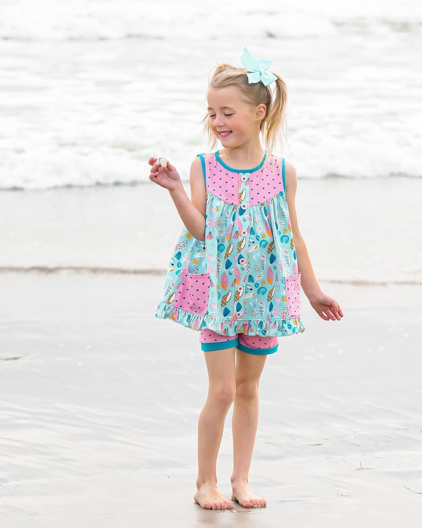 (Pre-order)GSSO2116 Shell Tunic Top Dots Shorts Girls Summer Clothes Set