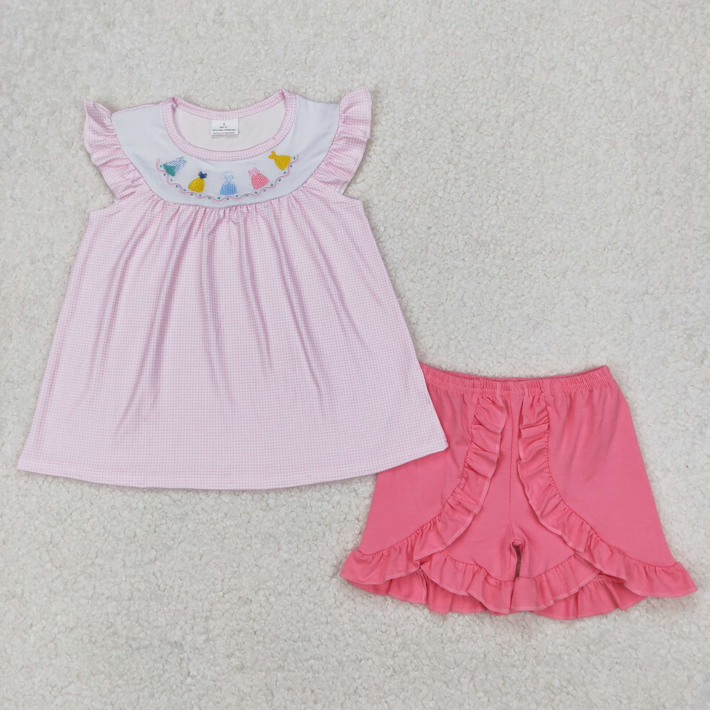 GSSO2125  Cartoon Princess Embroidery Plaid Tunic Top Pink Shorts Girls Summer Clothes Set