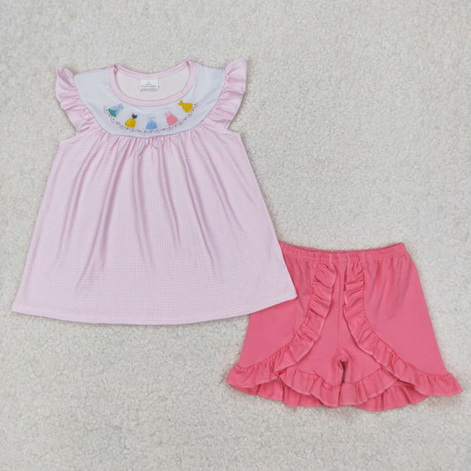 GSSO2125  Cartoon Princess Embroidery Plaid Tunic Top Pink Shorts Girls Summer Clothes Set