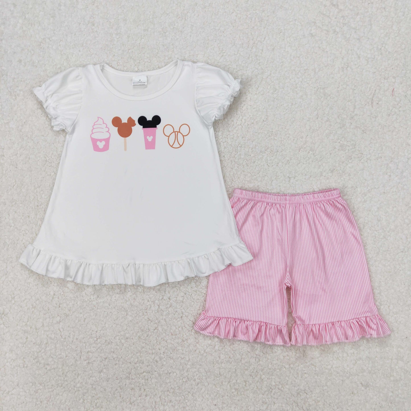 GSSO2127 Cartoon Mouse White Top Pink Stripes Shorts Girls Summer Clothes Set