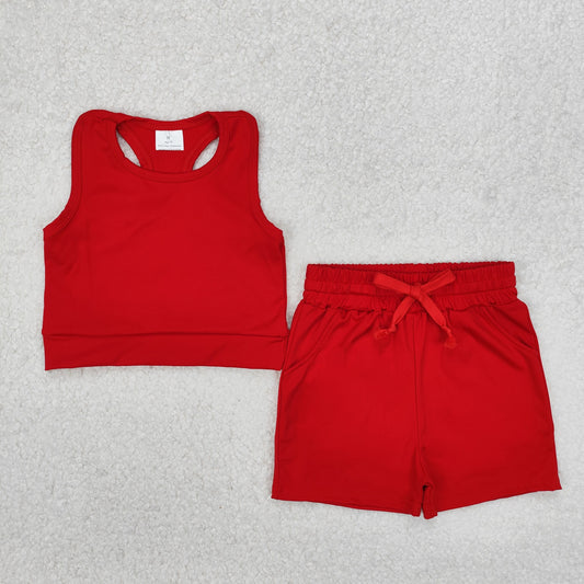 GSSO2131 Red Color Tank Top Pockets Shorts Girls Summer Yoga Clothes Set