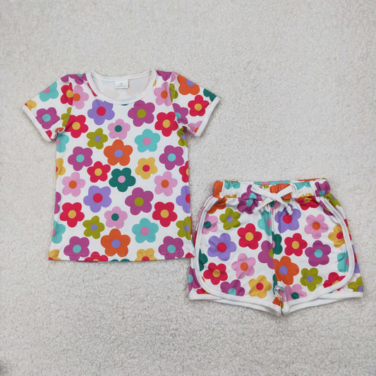 GSSO2142  Colorful Flowers Print Shorts Girls Summer Clothes Set