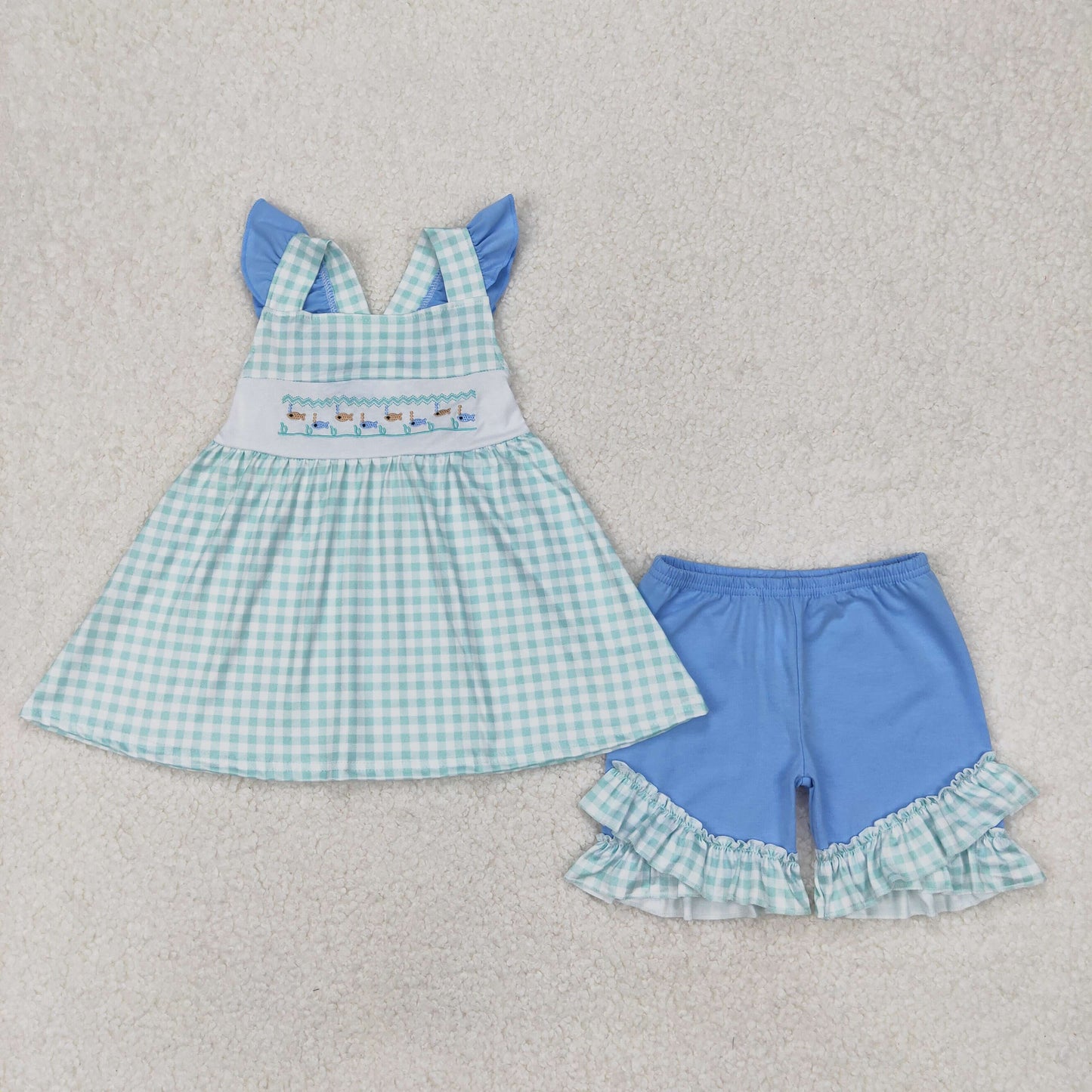 GSSO2148 Fish Embroidery Plaid Tunic Top Blue Shorts Girls Summer Clothes Set