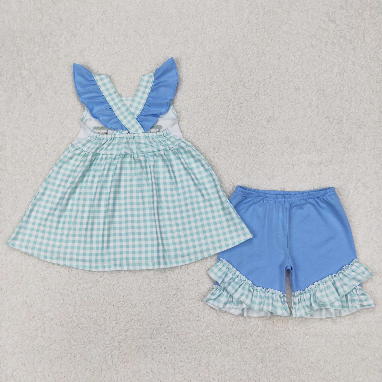 GSSO2148 Fish Embroidery Plaid Tunic Top Blue Shorts Girls Summer Clothes Set