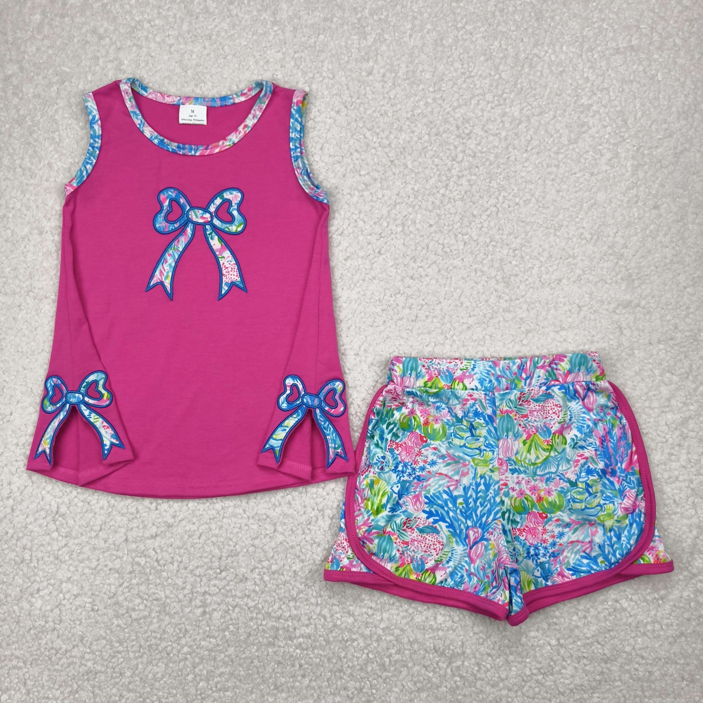 GSSO2149 Bows Embroidery Hot Pink Top Seaweed Shorts Girls Summer Clothes Set