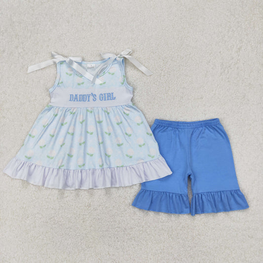 GSSO2152   Daddy's Girl Embroidery Flowers Tunic Top Blue Shorts Girls Summer Clothes Set