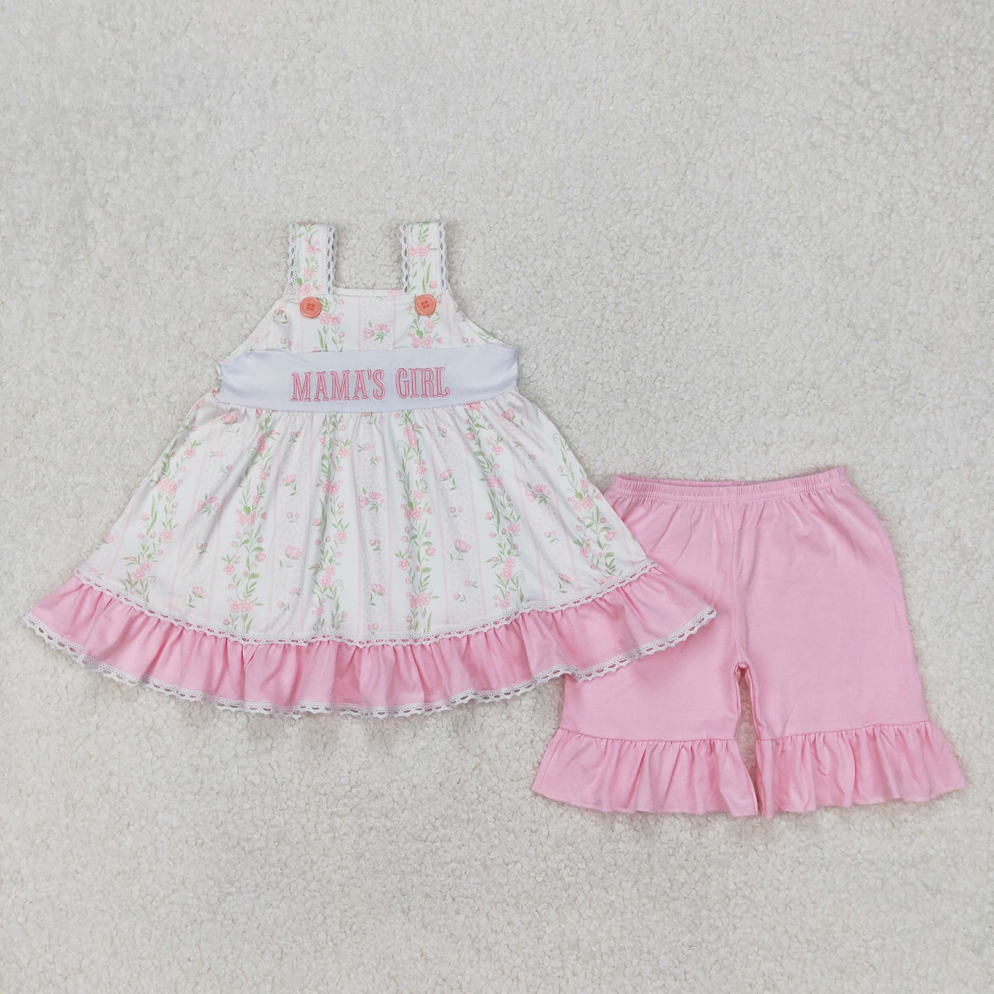 GSSO2153 Mama's Girl Embroidery Flowers Tunic Top Pink Shorts Girls Summer Clothes Set