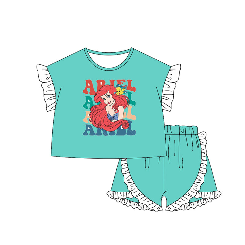 (Pre-order)GSSO2158 Cartoon Princess Mermaid Arie* Top Ruffle Shorts Girls Summer Clothes Set