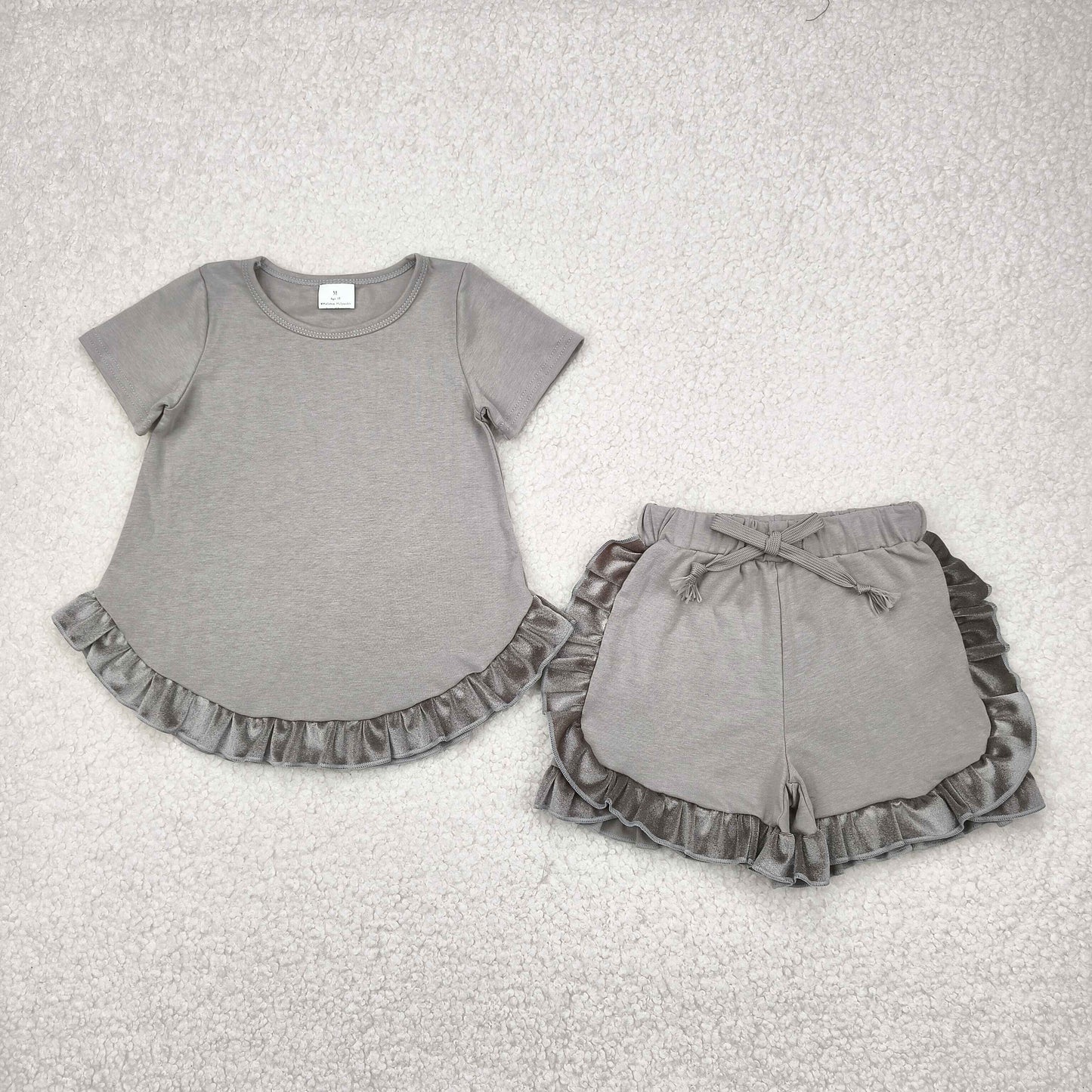 GSSO2182 Grey Color Ruffle Shorts Girls Summer Clothes Set