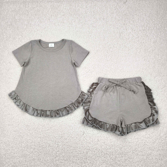 GSSO2182 Grey Color Ruffle Shorts Girls Summer Clothes Set